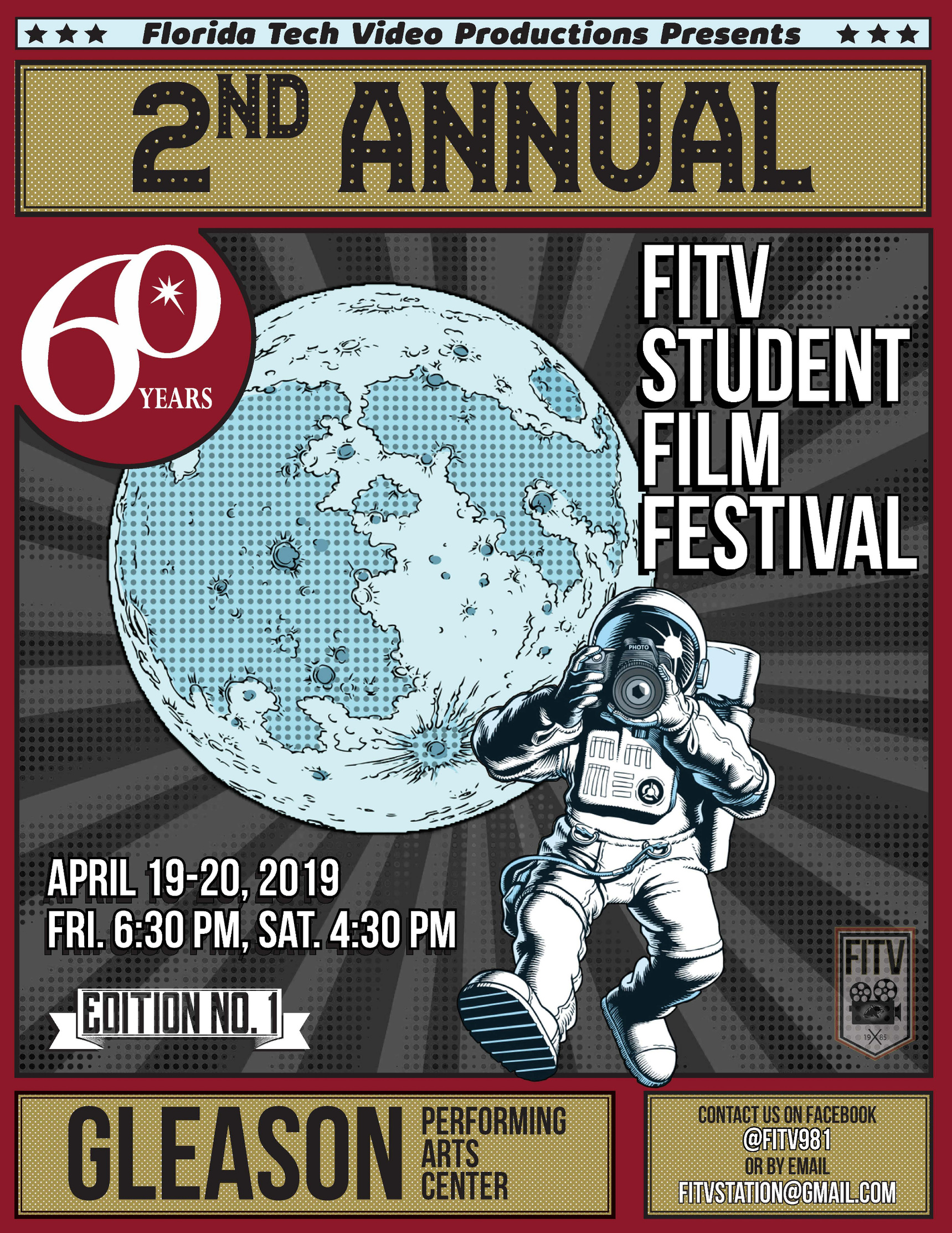 Time for a theme - For the second FITV Student Film Festival, my friend and I thought of the theme of pop art and space in mind. Using the color scheme of Florida Tech marketing’s materials, we put elements together to make the poster stand out.